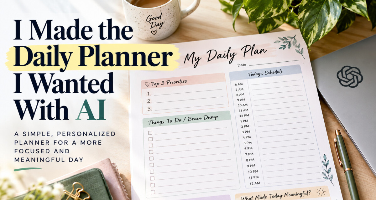 Personalized daily planner with AI, featuring top priorities, an hourly schedule, a brain dump, kind words, and daily reflection
