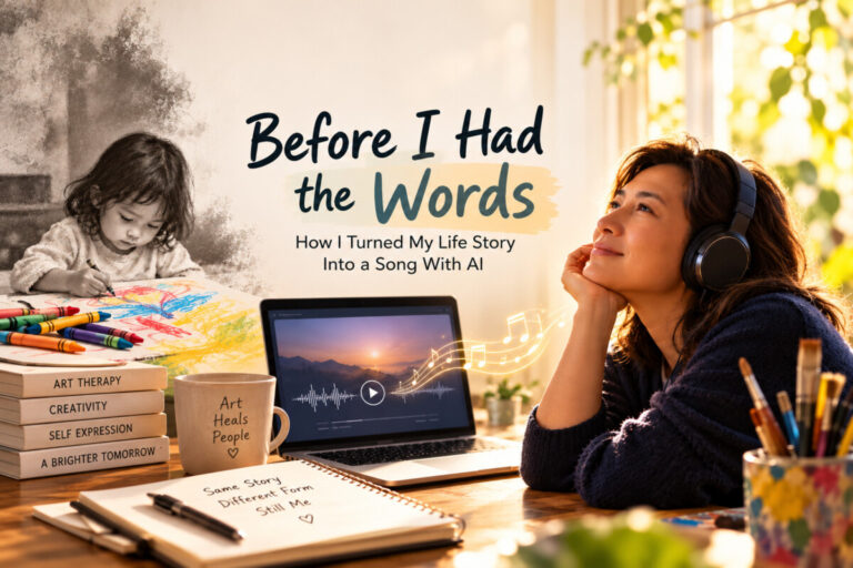 Art therapist creating a personalized song with AI, reflecting on childhood, art, self-expression, and finding a voice through music.