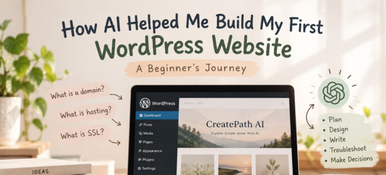 How AI Helped Me Build My First WordPress Website: Beginner building a WordPress website with help from AI, showing website planning, design, troubleshooting, and step-by-step learning