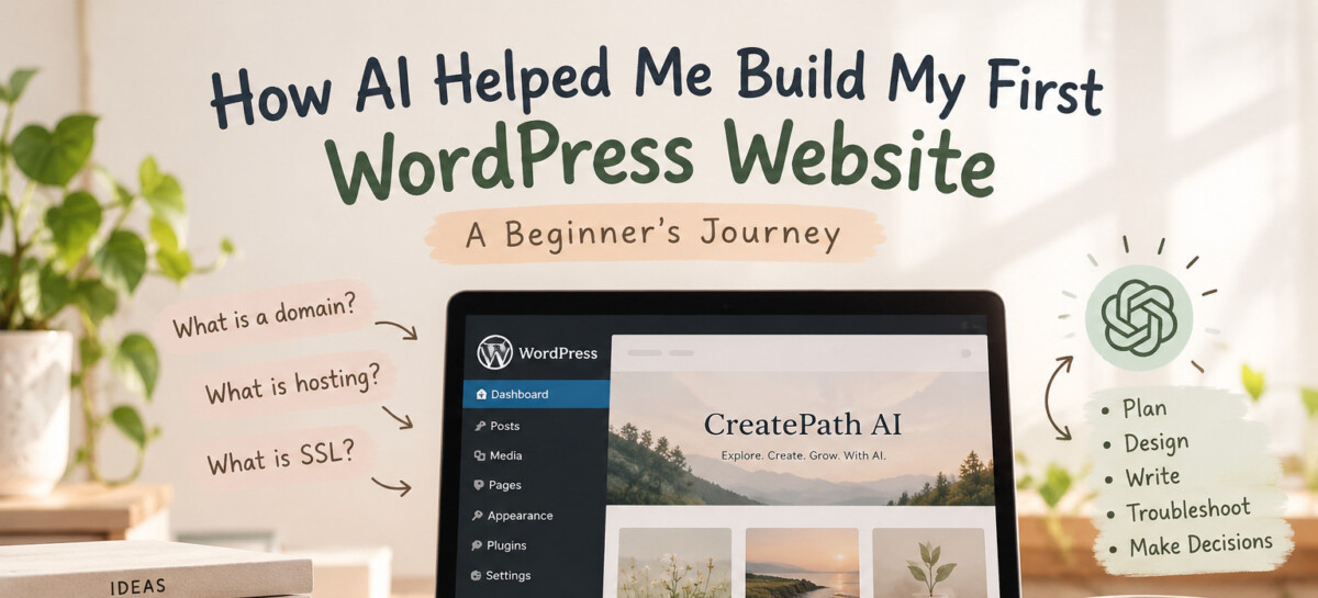 How AI Helped Me Build My First WordPress Website: Beginner building a WordPress website with help from AI, showing website planning, design, troubleshooting, and step-by-step learning