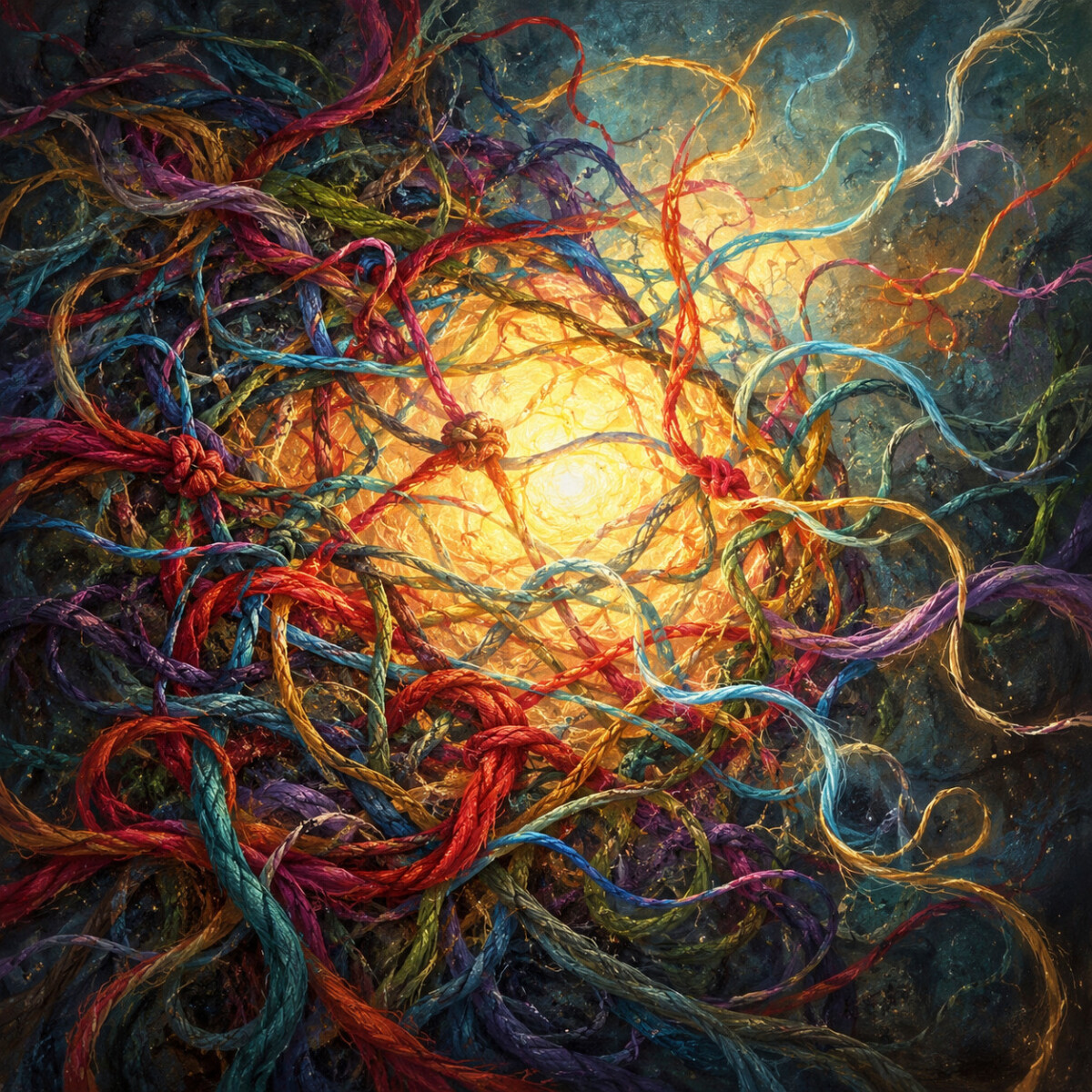 AI-generated abstract artwork showing colorful tangled threads surrounding a bright golden light, symbolizing difficult past experiences, healing, and the gradual process of untangling inner emotions.