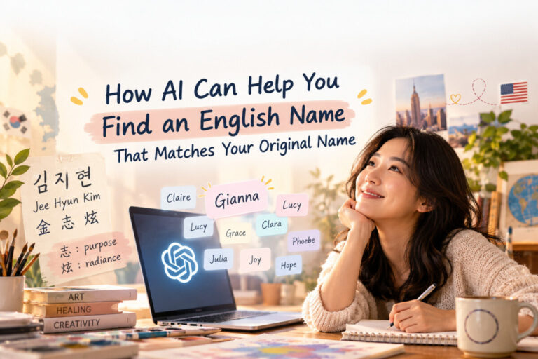 Find an English name with AI that matches my original name. Korean woman using AI to explore English names that match the sound, meaning, personality, and identity of her Korean name Jee Hyun Kim