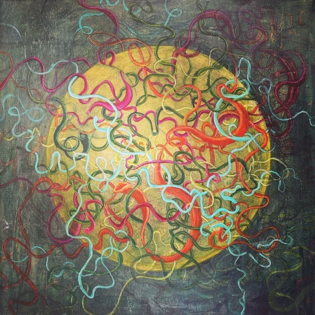 I created an abstract artwork showing colorful tangled threads surrounding a bright golden light, symbolizing difficult past experiences, healing, and the gradual process of untangling inner emotions.
